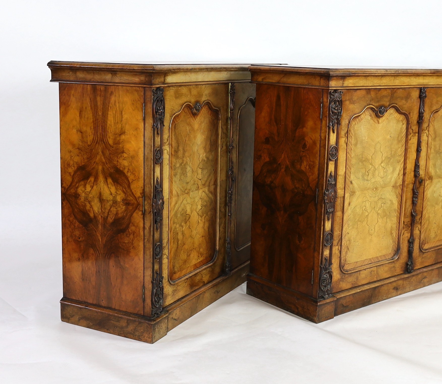 A pair of Victorian rosewood banded walnut collector's cabinets, W.143cm D.53cm H.114cm